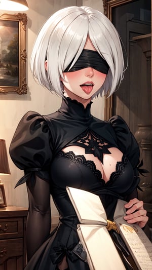 official art, unity 8k wallpaper, ultra detailed, beautiful and aesthetic, High quality, beautiful, masterpiece, best quality, (zentangle, mandala, tangle, entangle:0.6), 1girl, solo, breasts, 2B, sensual, large breasts, short hair, wearing a black blindfold, centered in frame, indoors, close up, (a black dress, black tights:1.2), in the motel, sexy, white hair, sexy smile, erotic scene, bangs,ultra sharp,Shadman, n_2b, (upper body), breast focus, tongue out, dripping mouth, saliva trail, looking up, extremely blush