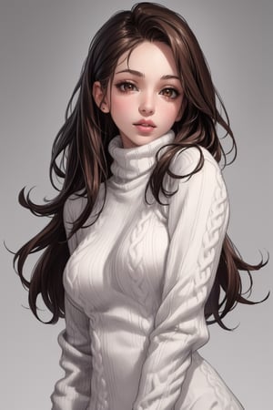 1girl, solo, long hair, brown hair, dress, brown eyes, grey background, sweater, lips, turtleneck, realistic, sweater dress