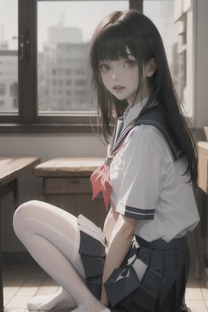 1girl, solo, long hair, looking at viewer, bangs, skirt, shirt, black hair, sitting, school uniform, white shirt, short sleeves, pantyhose, pleated skirt, parted lips, day, collared shirt, indoors, blunt bangs, black skirt, black eyes, from side, lips, blue skirt, neckerchief, window, chair, no shoes, sunlight, red neckerchief, white pantyhose, knee up, wooden floor, realistic, nose, red lips