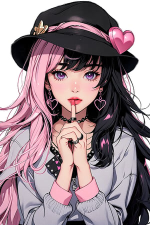 1girl, solo, long hair, looking at viewer, bangs, shirt, hair ornament, hat, holding, animal ears, jewelry, upper body, pink hair, short sleeves, heart, frills, parted lips, food, choker, hairclip, puffy sleeves, artist name, collar, puffy short sleeves, grey eyes, black headwear, watermark, black choker, ring, black nails, curly hair, instagram username