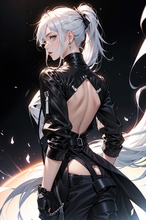 This image shows a person seen from behind. The person has her head turned to the side and her long silvery-white hair is tied in a high ponytail. She is staring into the black distance and is wearing a long long-sleeved top and black gloves.

,1boy