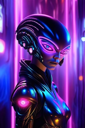 space, future, planet, alien, lights, perfect eyes, beautiful, realistic,roborobocap,cyberpunk style,neon photography style