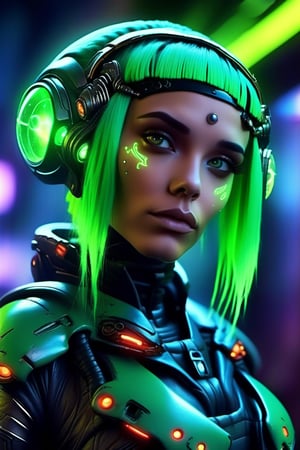 space, future, planet, lights, perfect eyes, beautiful, green hair. realistic,roborobocap,cyberpunk style,neon photography style, aliens, fantasy,  