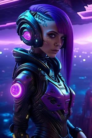 space, future, planet, lights, perfect eyes, beautiful, purple hair. realistic,roborobocap,cyberpunk style,neon photography style, aliens, fantasy,  