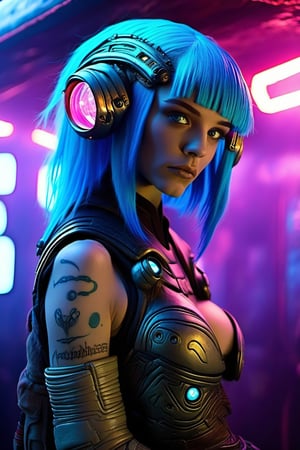 space, future, planet, lights, perfect eyes, beautiful, blue hair. realistic,roborobocap,cyberpunk style,neon photography style, aliens, fantasy,  