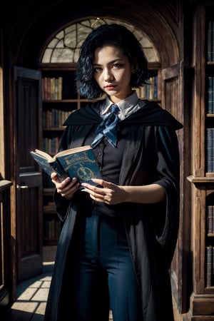 Hogwarts Ravenclaw woman student with book in her hands with Hogwarts library on background 8k quality, blue shades, her school uniform is pants, blue vest with long black and blue cloak with Ravenclaw sign, blue eyes, black hair, the image must be striking and high impact, magic photo style, the woman should have an elegant and cunning appearance, blue glow from her book, the background must be dark and magic, night and magic atmosphere, the image must have 8k resolution and a high level of detail, full body, (artistic pose of a woman),NCT0,photorealistic