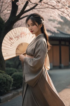 Realistic style. A moody, film-photography-inspired scene: a young woman stands elegantly on Japanese surroundings, her gaze fixed intently forward. She wears a modern Japanese-style outfit and the fan is in her hands, its hem fluttering gently in the breeze. Japanese architecture and sakura trees in the background, softened by the hazy, cinematic atmosphere. Shadows dance across her face, illuminated only by the faint glow of a nearby streetlamp.,1girl