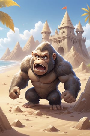 A beautiful anime illustration. King Kong is a cute monkey, he is angry near broken sand castle on the beach, a lot details, detailed eyes, detailed picture