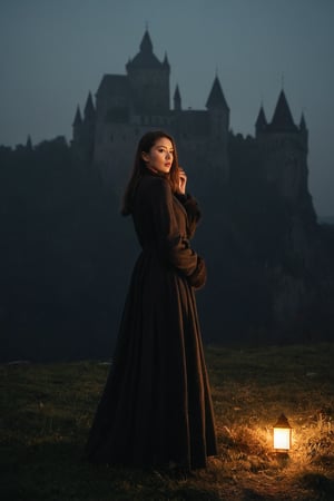 A moody, film-photography-inspired scene: a young woman stands elegantly on Romanian surroundings, her gaze fixed intently forward. She wears a autumn outfit in dark shades, its hem fluttering gently in the breeze. Dracula's castle Bran looms large in the background, softened by the hazy, cinematic atmosphere. Evening time. Shadows dance across her face, illuminated only by the faint glow of a nearby streetlamp.,1girl