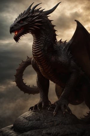 Detailed ultra-realistic full body shot of a big black gragon, it is raining, he is on the stone abyss, made in dark colours, detailed eyes, masterpiece, highly detailed, sharp soft focus, 8k, perfect and detailed eyes, best quality,realistic,1dragon