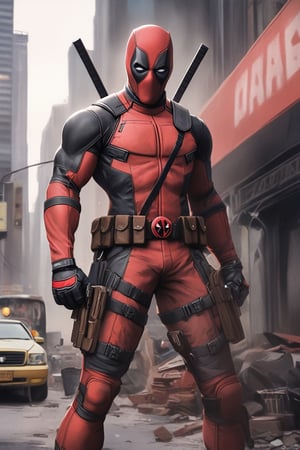 Marvel Deadpool character, he is standing in the city, detailed picture, detailed hands, masterpiece, comics style ,more detail XL