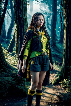 Hogwarts Hufflepuff student, magical forest with on the background, the girl is playing with magic animals, 8k quality, her school uniform is yellow vest, black long shorts, long yellow socks, black and yellow long cloak with Huffelpuff sign, green eyes, long straight light brown hair, the image must be striking and high impact, magic photo style, the woman should have an elegant and cunning appearance, the background must be dark and magic, night and magic atmosphere, the image must have 8k resolution and a high level of detail, full body, (artistic pose of a woman),mgln