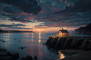 A beautiful lonely and serenity small house at the seaside cliff, rainy, overcast, dark vibes, golden hour, cinematic lighting, (masterpiece, best quality, ultra-detailed, 8K)
