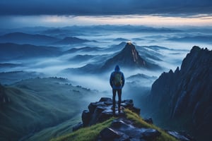 A man standing on a mountain peak looking out at a vast landscape while rain at the blue hour, mist, foggy, cinematic, masterpiece, best quality, high resolution