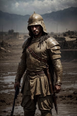 1male, an arabian soldier, wearing arabian armor, long hairs, mud and blood on his face, mud on everywhere, serious look, in a battlefield, masterpiece, high quality, portrait shot, wide angle, professional photography, intricate details on his armor, complex patterns