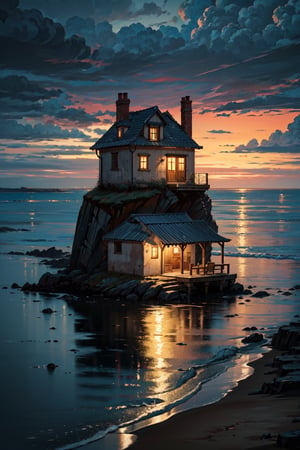 A beautiful small house in the seaside cliff, rainy, overcast, dark vibes, golden hour, cinematic lighting, (masterpiece, best quality, ultra-detailed, 8K)