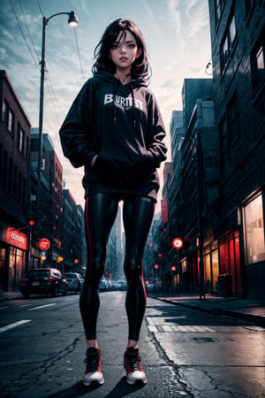 A beautiful girl, brown eyes, long black hair with red highlights, small breast, wearing blue oversized hoodie and black leggings, sneakers, urban and dangerous style, standing with natural stance at the urban city, artistic sky at background, into the dark, deep shadow, cinematic, masterpiece, best quality, high resolution, blurry_light_background