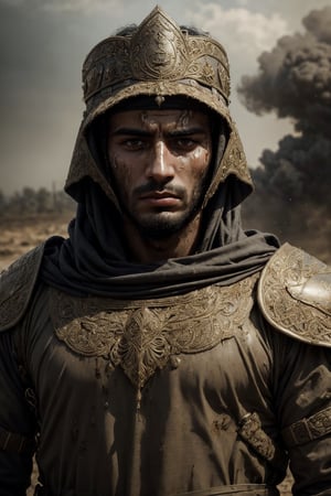 1male, an arabian soldier, wearing arabian armor, long hairs, mud on his face, mud on everywhere, serious look, in a battlefield, masterpiece, high quality, portrait shot, wide angle, professional photography, intricate details on his armor, complex patterns