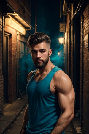 A bearded man wearing a tank top stand in dark alley, portrait shot, dewy skin, crew cut hair style, neon lights, foggy, teal and blue, depth of field, cinematic, masterpiece, best quality, high resolution