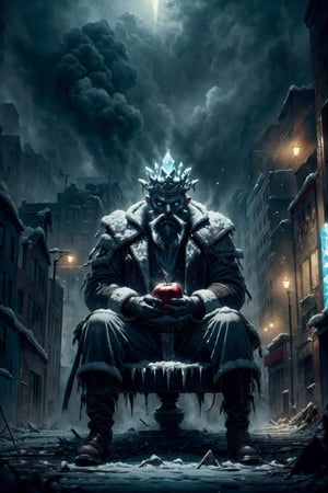 A handsome bearded zombie king with grey hair sitting in the apocalyptic city street eating apple, into the dark, deep shadow, cinematic, masterpiece, best quality, high resolution, icemagicAI 