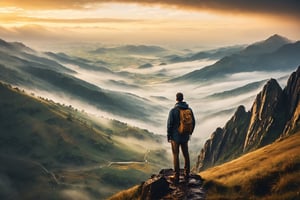 A man standing on a mountain peak looking out at a vast landscape while rain at the golden hour, mist, foggy, cinematic, masterpiece, best quality, high resolution
