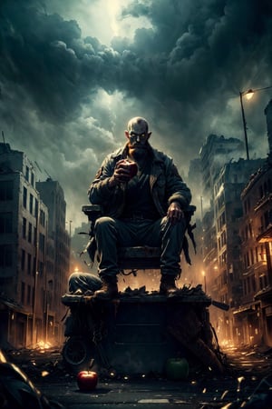 A handsome bearded zombie sitting in the apocalyptic city street eating apple, into the dark, deep shadow, cinematic, masterpiece, best quality, high resolution
