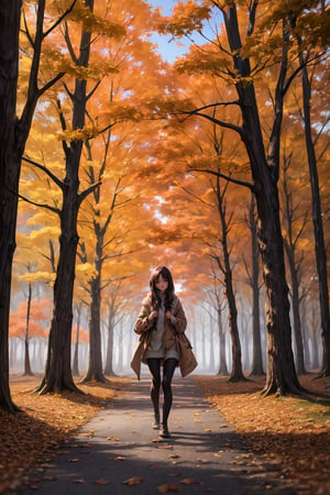 A beautiful girl, cozy Autumn themed Walk, nature walk, Autumn day, flora, beautiful lighting, Autumn colors, Autumn elements, (masterpiece, best quality), blurry_light_background