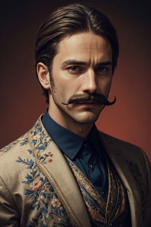 Photo of a man with a mustache and a colorful suit with intricate pattern detail, plain background, portrait style, cinematic, masterpiece, best quality, high resolution