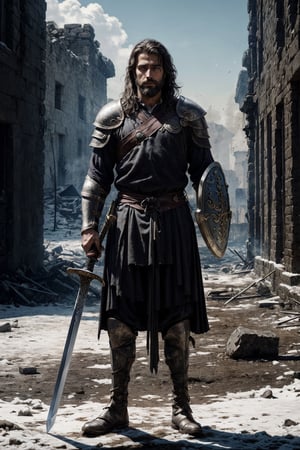 A handsome villager warrior standing in the snowy ruins palace, black eyes, long silver tied up hair, beard, wearing full body armor, blood and dirt all over his body, holding ((sword and shield)), full body, on fire ruined ancient city at background, depth of field, bokeh, into the dark, deep shadow, masterpiece, best quality, high resolution