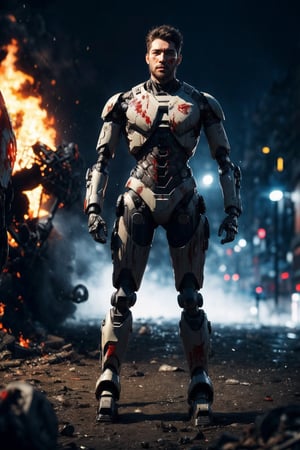 A handsome young man, black eyes, short messy hair, thin beard, wearing Robocop ((mecha body)), standing with action stance at on fire ruined city, blood and dirt all over his face, full body, snowy and foggy at background, depth of field, bokeh, into the dark, deep shadow, cinematic, masterpiece, best quality, high resolution