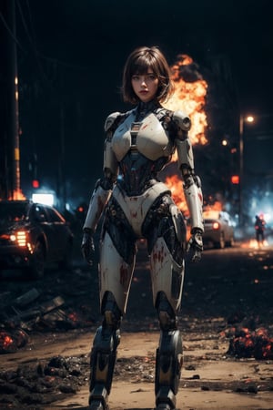 A beautiful girl, brown eyes, short messy hair with bangs, wearing Robocop ((mecha body)), standing with action stance at on fire ruined city, blood and dirt all over her face, full body, snowy and foggy at background, depth of field, bokeh, into the dark, deep shadow, cinematic, masterpiece, best quality, high resolution