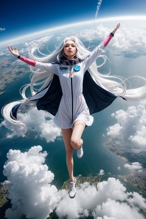 A beautiful girl in long white hair levitating in t-pose above the city, cape, hovering, zero gravity, stormy cloud, windy, masterpiece, top quality, best quality