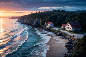 A beautiful lonely and serenity small house at the seaside cliff, as seen from above and distance, rainy, overcast, dark vibes, golden hour, cinematic lighting, (masterpiece, best quality, ultra-detailed, 8K), Nature, Beautiful Beach