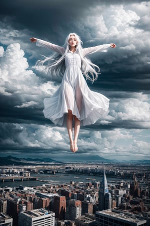 A beautiful girl in long white hair levitating in t-pose above the city, stormy cloud, windy, masterpiece, top quality, best quality