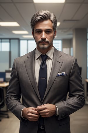 Photo of a male corporate employee, facial hair, grey hair, office in the background, wearing a suit, highly detailed, DSLR, depth of field, deep shadow, cinematic, dynamic lighting, masterpiece, best quality, high resolution