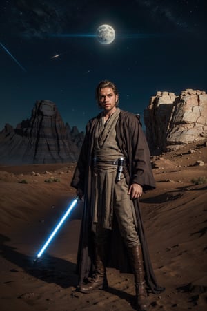 A handsome young jedi, black eyes, tied up hairstyle, thin beard, wearing in jedioutfit, standing with action stance at the spooky planet desert, holding light_saber, artistic sky at background, into the dark, deep shadow, cinematic, masterpiece, best quality, high resolution ,in jedioutfit