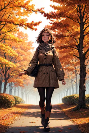 A beautiful girl, cozy Autumn themed Walk, nature walk, Autumn day, flora, beautiful lighting, Autumn colors, Autumn elements, (masterpiece, best quality)