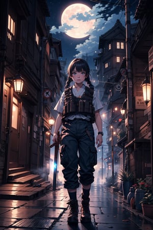 A cute chubby little girl standing in the empty cobblestone street at full moon night, two braid hairstyle, wearing a bulletproof vest and cargo pants, holding a samurai sword, neon light, misty, foggy, depth of field, bokeh, cinematic, masterpiece, best quality, high resolution, Night scene