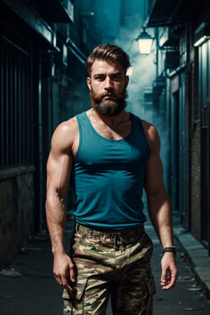 A bearded man wearing a black tank top stand in dark alley, portrait shot, dewy skin, crew cut hair style, camouflage cargo pants, neon lights, foggy, teal and blue atmosphere, depth of field, cinematic, masterpiece, best quality, high resolution