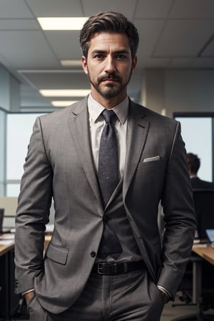 Photo of a male corporate employee, facial hair, grey hair, office in the background, wearing a suit, highly detailed, DSLR, depth of field, deep shadow, cinematic, dynamic lighting, masterpiece, best quality, high resolution