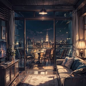 (((Masterpiece))),(((Best quality))),((Super-detailed)),(Best illustration),(Best shading),((Extremely Exquisite and beautiful)), Exterior cityscape with tall buildings, No People, night, Living room with floor-to-ceiling windows