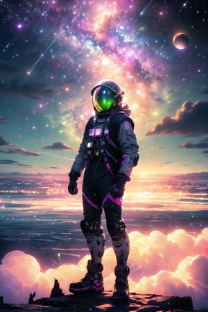 (masterpiece, best quality:1.2), pixiv, 8k, ultra-detailed, (multicolored background, colorful:1.3), gradient background, (pastel colors, pink theme, blue theme, green theme, purple theme:1.4), (Gradation color:1.2),

BREAK,

space odyssey, space, galaxy, milky way, star, planet, light particles, desert, satellite, (cloudy sky, fog:1.3, (scenery:1.4), wide shot,

BREAK,

space suit, space helmet,
standing, looking up,