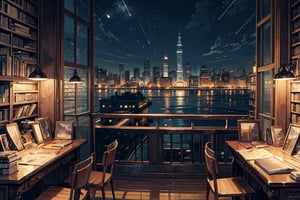 (((Masterpiece))),(((Best quality))),((Super-detailed)),(Best illustration),(Best shading),((Extremely Exquisite and beautiful)), Exterior cityscape with tall buildings, No People, night, library with windows