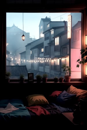 {masterpiece}}}, {{{best quality}}}, {{{ultra-detailed}}}, {cinematic lighting}, {illustration}, No person, ,Scene from the window of the room, Plants or decorations displayed on the windowsill, View from the window of a Japanese community, bright street scene