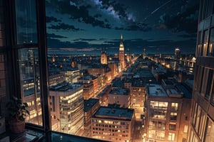 (((Masterpiece))),(((Best quality))),((Super-detailed)),(Best illustration),(Best shading),((Extremely Exquisite and beautiful)), Exterior cityscape with tall buildings, No People, night, window