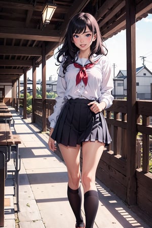 1 japanese girl, solo, student girl, school uniform, 16 years old, thighs, super cute, sexy:1.5, standing, sexy lips, shy, blushing, pale skin, black wavy hair,  full-body_portrait, soft breasts, ,YAMATO, laughing out loud