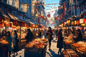 masterpiece, best quality, professional photograph of a beautiful city street market with a bustling crowd, red and gold color scheme, multiple different stalls selling different items and food, food cooking with steam, best quality
