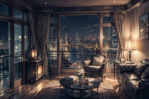 (((Masterpiece))),(((Best quality))),((Super-detailed)),(Best illustration),(Best shading),((Extremely Exquisite and beautiful)), Exterior cityscape with tall buildings, No People, night, Living room with floor-to-ceiling windows