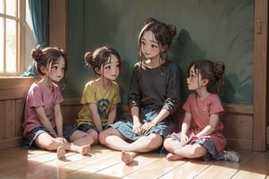 Children gathered around an older sister listening to a story,A group of kids sitting on the floor listening to an older sister tell a story, Smile,bun hair