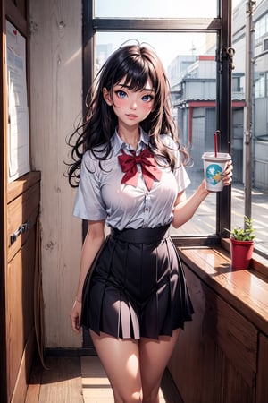 1 japanese girl, solo, student girl, school uniform, 16 years old, thighs, super cute, sexy:1.5, standing, sexy lips, shy, blushing, pale skin, black wavy hair,  full-body_portrait, soft breasts, ,YAMATO, heart hands, happy_face, , cheers,(paper cup)